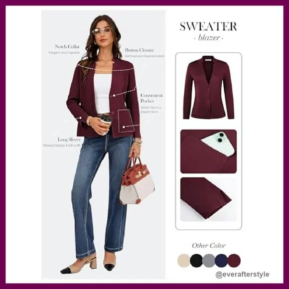 Knit Blazer Cardigan Professional Casual Work Jacket Long Sleeve Pockets